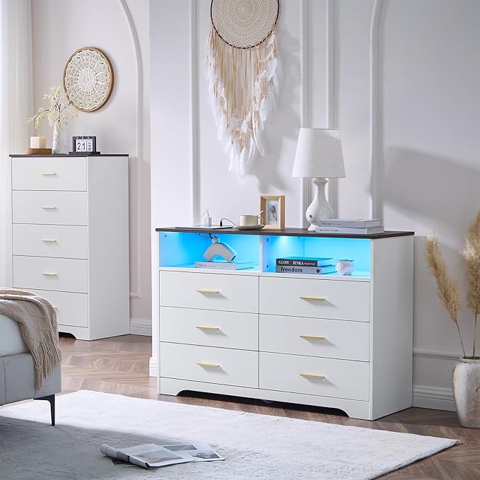 LIDYUK White Dresser for Bedroom, 6 Drawer Dressers & Chests of Drawers, Modern Wood Dresser with Charging Station and LED Lights, 48 Inches Wide Chest of Drawers for Bedroom, Hallway, Living Room