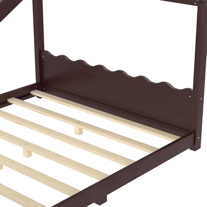 Queen Size Wooden House Floor Bed - Kids Bed Frame with Roof & Support Slats for Bedroom, No Box Spring Needed, Easy Assembly (Espresso)