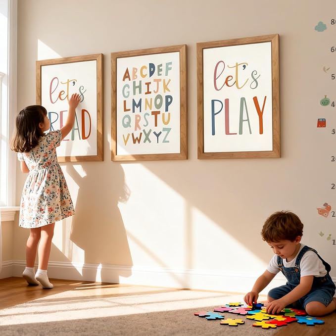 3 PCS Alphabet Framed Playroom Wall Decor,Classroom Must Haves Boho Educational ABC Poster Wooden Sign for Baby Girl Kid Boy Toddlers,Neutral Preschool English Letters Nursery Decor for Homeschool Kindergarten Kids Learning Natural