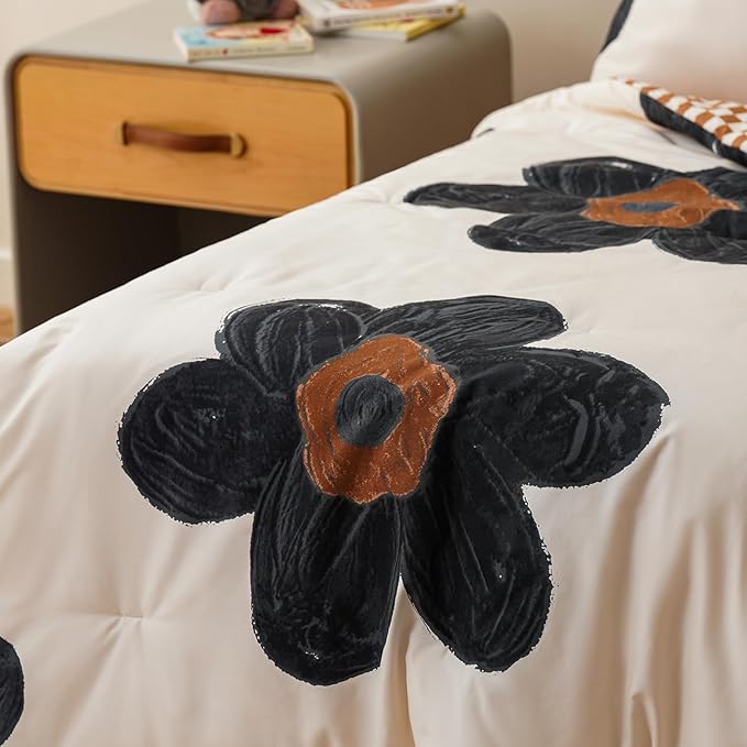 KAREVER Flower Toddler Bedding Set Botanical Print 4 Pieces Crib Bed Set Kids White Black Floral Comforter Set
