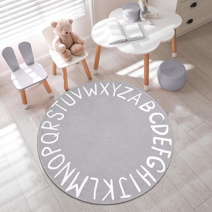 LIVEBOX Grey ABC Kids Rug for Playroom, Baby Nursery, Kids Room, Soft Circle Carpet Learning Crawling Mat for Classroom Dorm (40", Grey)