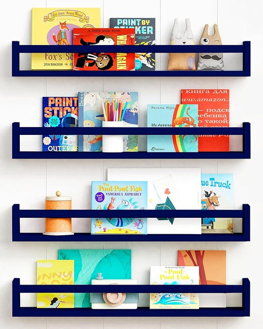 Forbena Wall Book Shelf Organizer for Kids Room Set of 4, Large Floating Book Shelves for Boy Nursery Wall Deocr, 24 Inches Wall Mount Bookshelf for Toddler Child Teen Boys Bedroom (Navy Blue)
