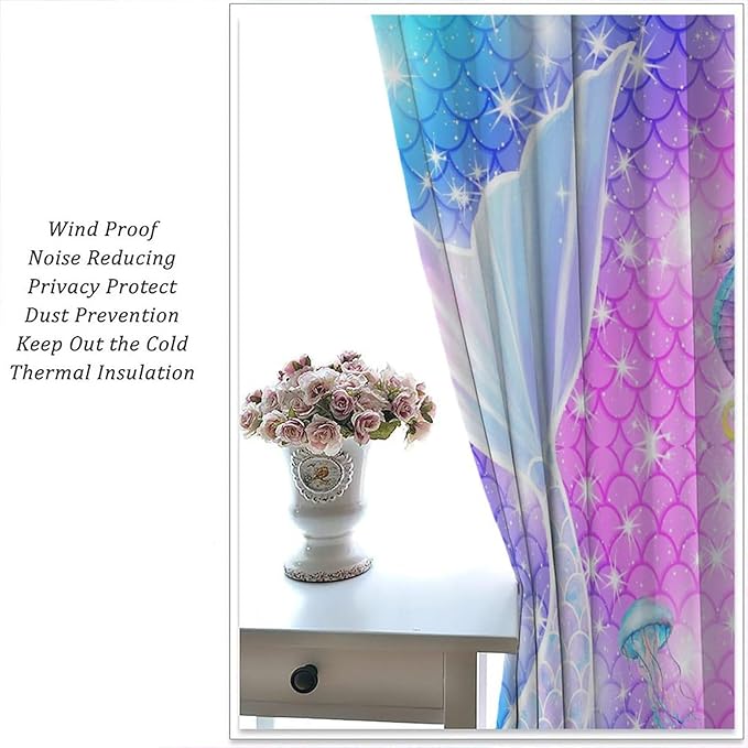Kids Fantasy Mermaid Curtains Dream Colorful Mermaid Fish Tail Scale Fantasy Ocean Theme Window Treatment for Girls Bedroom Nursery Room Decor Window Drapes 63" W X 72" L