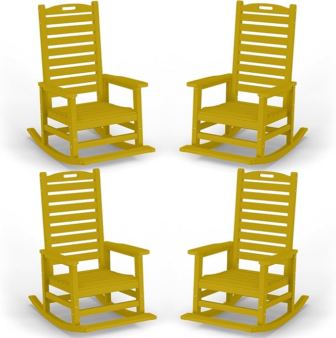 Outdoor Rocking Chair Set of 4 with Removable Footboard for Adults, HDPE High Back Patio Rocking Chairs, 330lbs All Weather Porch Rocking Chairs for Outdoor & Indoor -Yellow