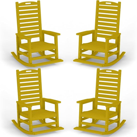 Outdoor Rocking Chair Set of 4 with Removable Footboard for Adults, HDPE High Back Patio Rocking Chairs, 330lbs All Weather Porch Rocking Chairs for Outdoor & Indoor -Yellow