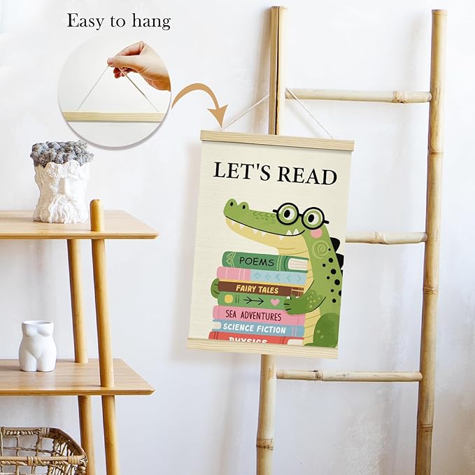 TRKAE Let’s Read Canvas Poster Hanger Frame, Crocodile Animals Learning Wall Art for Kids, Reading Wall Decor for Classroom Nursery Playroom Bedroom -035