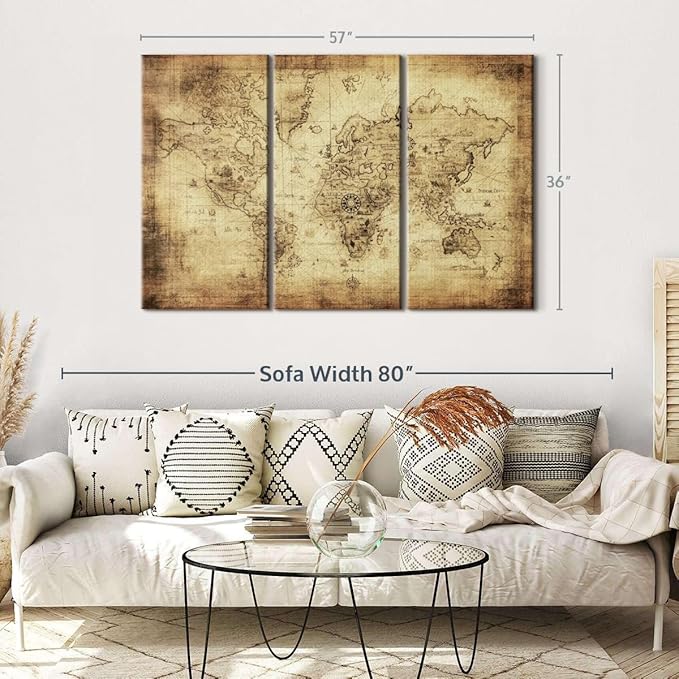 ElephantStock Ancient World Map Wall Art Multi Piece Canvas - 3 Piece Canvas World Map Wall Decor - Wall Decor - Ready-to-Hang Print - Vintage Wall Art - 57" X 36"