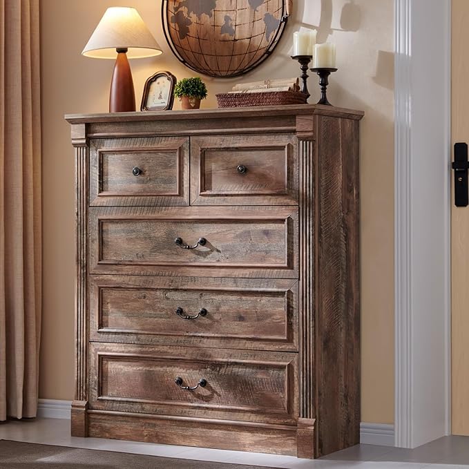 Farmhouse 5 Drawers Dresser for Bedroom, 46" Tall Dressers & Chests of Drawers w/Roman Column, Large Storage Dressers Organizer for Bedroom, Hallway, Living Room, Light Brown