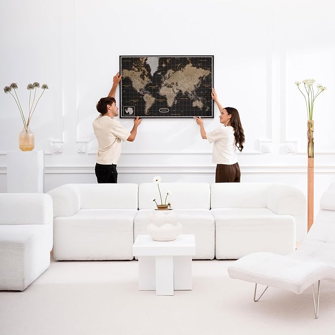Canvas World Map with Cork Pin Board - English Lettering - Decorative Wall Decoration for All Rooms - Canvas Pictures with World Map Motif (90x60 cm, Pattern 6)