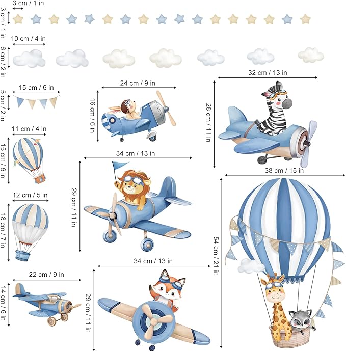 decalmile Blue Hot Air Balloon Animals Wall Decals Airplane Animals Giraffe Lion Fox Wall Stickers Baby Nursery Kids Bedroom Living Room Wall Decor