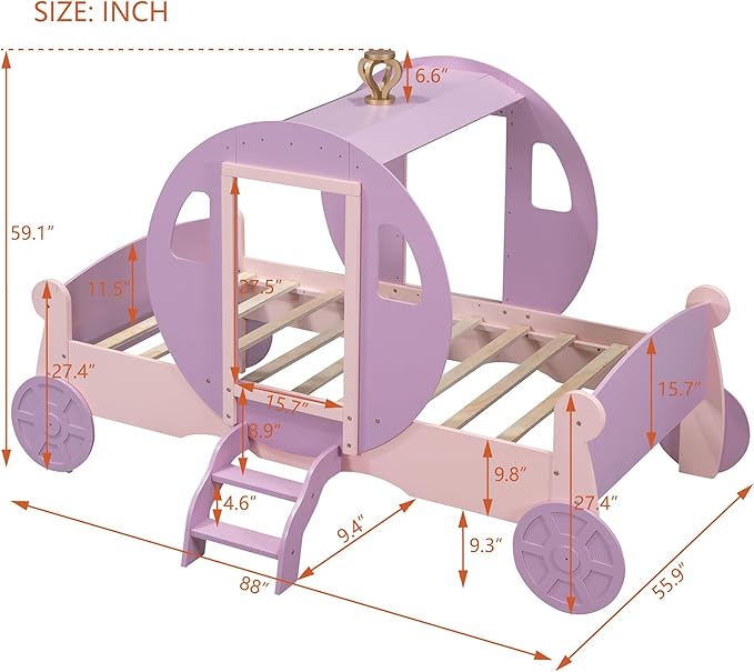 Twin Size Princess Carriage Bed Frame for Boys Girls Kids Toddler with Crown, Wood Platform Car Bed with Stair, Purple+Pink