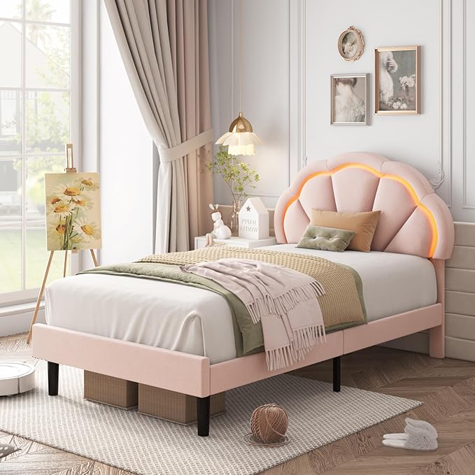 HIFIT Twin Upholstered Smart LED Bed Frame with Adjustable Chic Petal Headboard, Princess Twin Size Platform Bed Frames for Kids/Girls, Wooden Slats Support, No Box Spring Needed, Easy Assembly, Pink