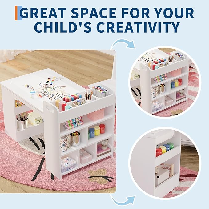 Kids Art Table and 2 Chairs, Craft Table with Large Storage Shelves,Toddler Wooden Drawing Desk Activity & Crafts Children's Wooden Furniture for Classroom Daycares,Home