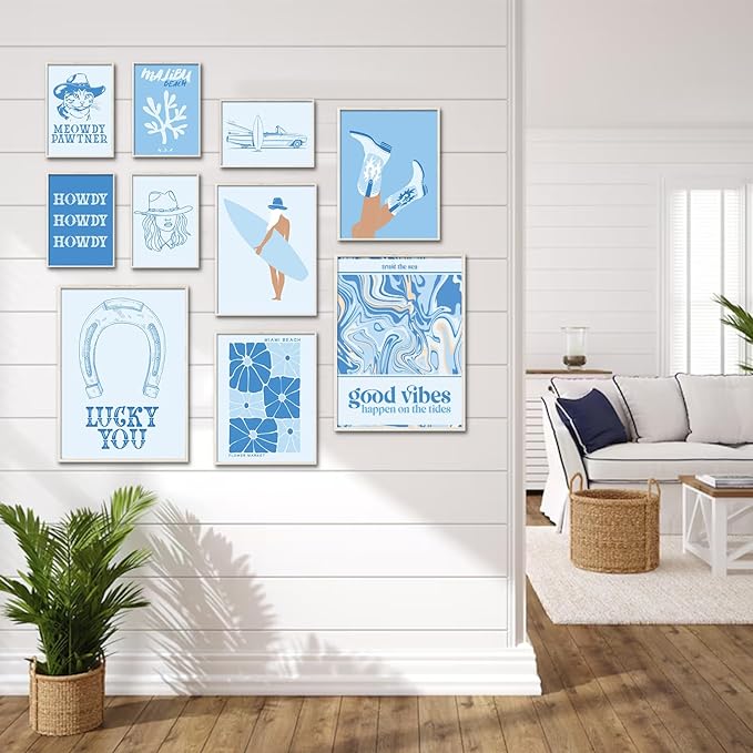 Uniro Coastal Cowgirl Room Decor, Coastal Granddaughter Room Decor, Light Blue Beachy Wall Decor Aesthetic Poster Pictures, Trendy Beach Wall Art Prints Preppy Surf Posters for Teen Girls, Dorm Bedroom Apartment decor- UNFRAMED