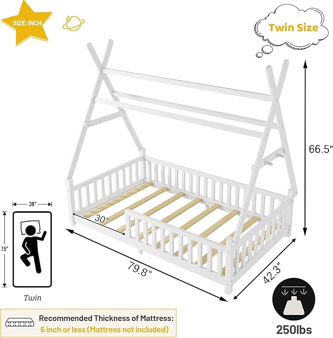 Twin House Bed with Light,Wood Twin Montessori FloorBed with Rails & Roof,Teepee Bed for Kids Boys Girls,with Slats Support,No Box Spring Needed, White