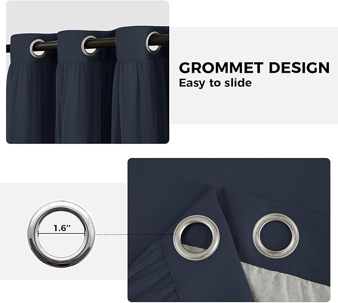 100% Blackout Curtains for Bedroom, Double Layer Navy Blue Curtains, Black Out Curtain 108 inch Long with Sheer Overlay for Living Room, Room Darkening Drapes with Grommet, 52" W x 108" L
