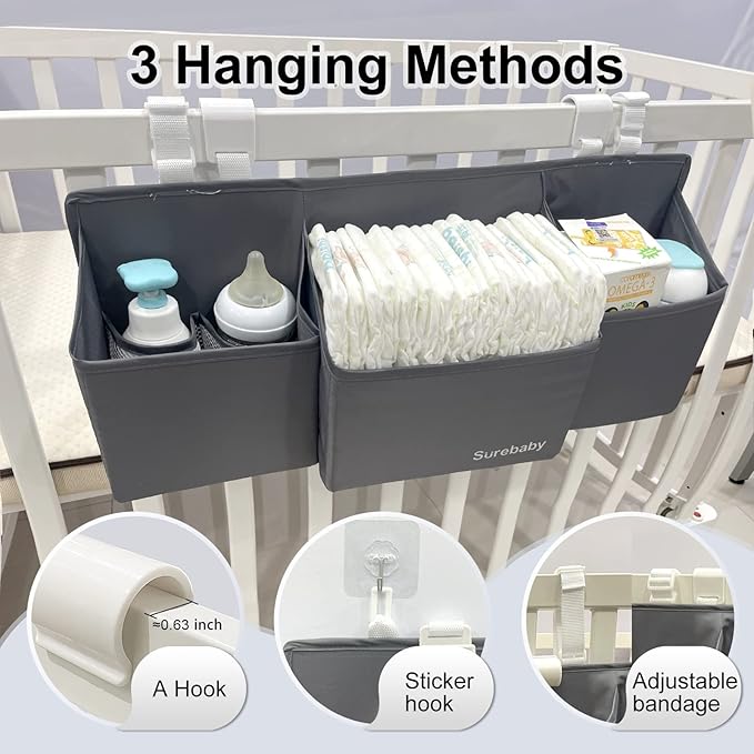 Hanging Baby Diaper Caddy, 3-in-1 Diaper Caddy Organizer Holder For Baby Crib, Nursery Organization Diaper Stacker Storage For Crib, Changing Table-Grey