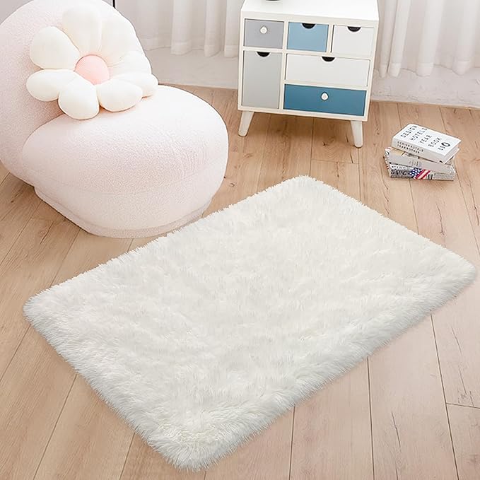 White Fluffy Rug for Bedroom Living Room, 2x3 Small White Area Rug Furry Throw Bedside Rug for Dorm, Non-Slip Entryway Indoor Front Door Mat, Soft Plush Shag Carpet Washable for Nursery Kids