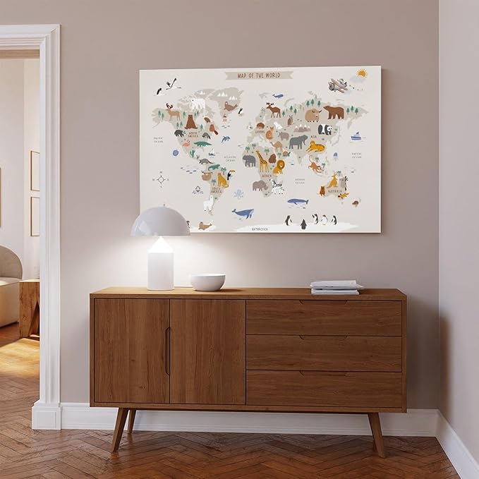 Kids World Map - Playroom Animal World Map - Nursery Educational Poster Canvas Poster Wall Art Picture Paintings for Living Room Bedroom Decoration Frame-style12x18inch(30x45cm)