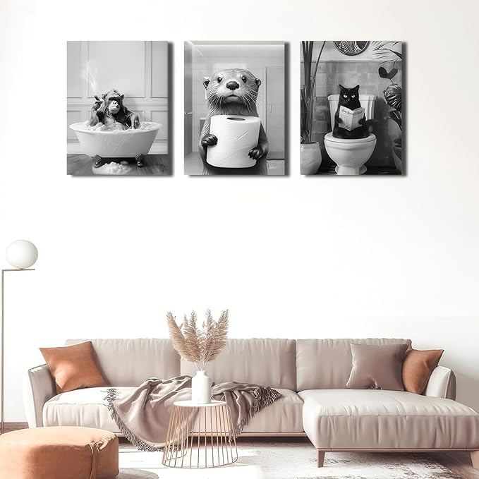 Framed Black and White Bathroom Wall Decor, Funny Animals Canvas Wall Art, Cute Otter Holding A Roll of Toilet Paper, Chimpanzee in Bathtub and Cat Reading Newspaper on the Toilet Pictures 24'' x 16''