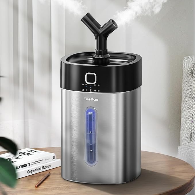 Feekaa Stainless Steel Humidifier Dishwasher Safe, 4L/1Gal Cool Mist Humidifiers for Bedroom, Easy Clean Humidifier Large Room, Humidifiers for Baby Nursery Living Room Office Plant, Black