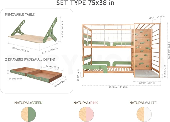 BUSY WOOD Montessori Floor Twin Bed with Rails - Smart Kids Bunk Twin Bedframe with Storage - Gym Complex for Kids - Jungle Gym Bed (Bunkbed+Table+2 Drawers (Full Depth))