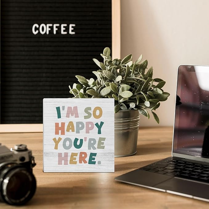 Boho Classroom Wooden Box Sign, Boho Classroom Decor, I'm So Happy You're Here Wood Block Box for Kids Nursery Room Bedroom Playroom Desk Shelf Table Decor, 5x5 Inch FY-mh-663