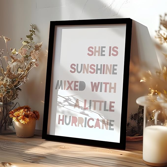PHAMTE Nursery Boho Girls Bedroom Framed Wall Art Prints Posters Decor, She is Sunshine Mixed with a Little Hurricane Sun Pictures Framed Artwork for Walls Room Bedroom Home Playroom(11x14 Inch)