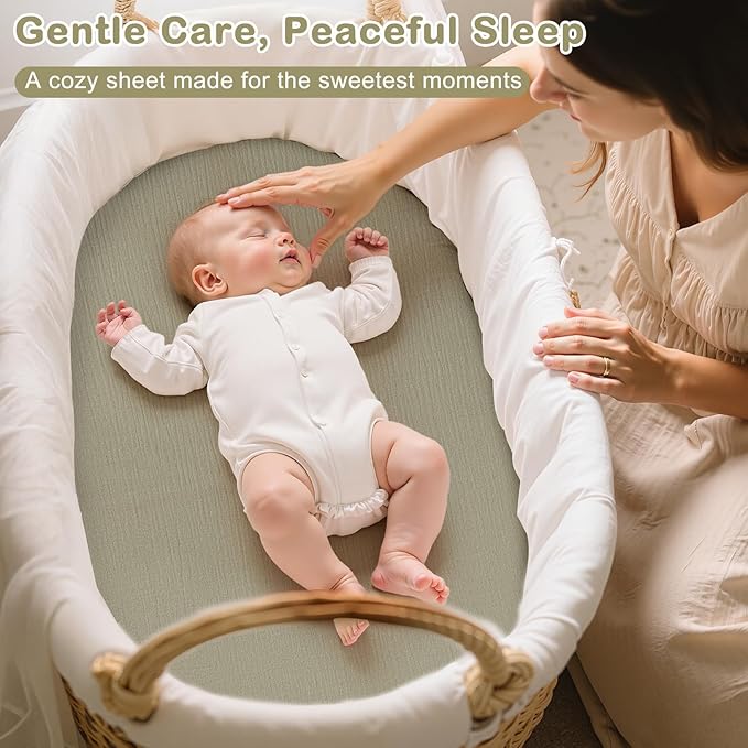 Basumee Muslin Bassinet Sheets for Baby Girl Boy 2 Pack Soft Breathable Baby Bedside Bassinet Fitted Sheets with Bottom Elastic Band 33''x17''x4'' Mattress Cover for Rectangle Oval Hourglass Bassinets