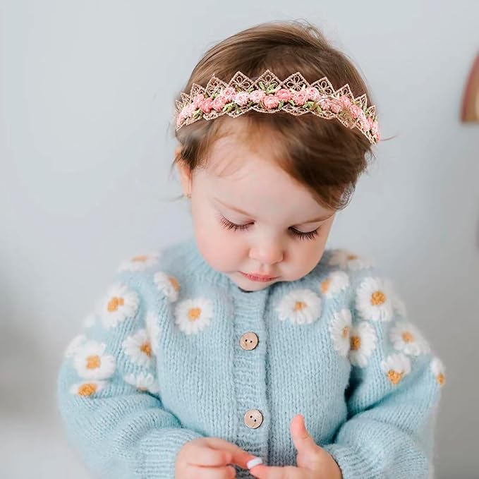 Baby Girl Flower Hair Bows Nylon Headbands, 6PCS Stretchy Soft Floral Hairbands Crown, Handmade Hair Accessories for Newborn Infant Toddler
