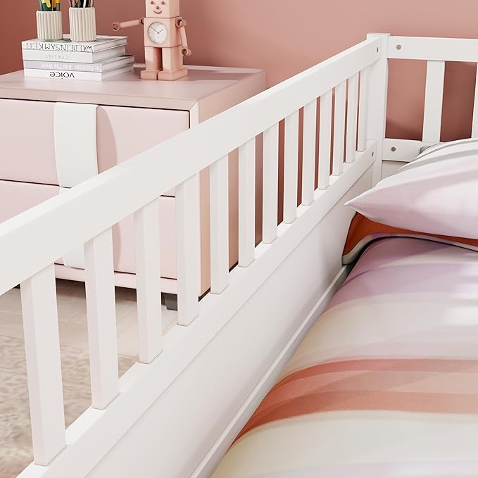 Ball & Cast Full Size Montessori Floor Bed with Baffle Design & Open Door,Toddler Floor Bed Frame W/Fence and High Guardrails,Wooden Playhosue Bed for Girls and Boys,No Box Spring Needed,White