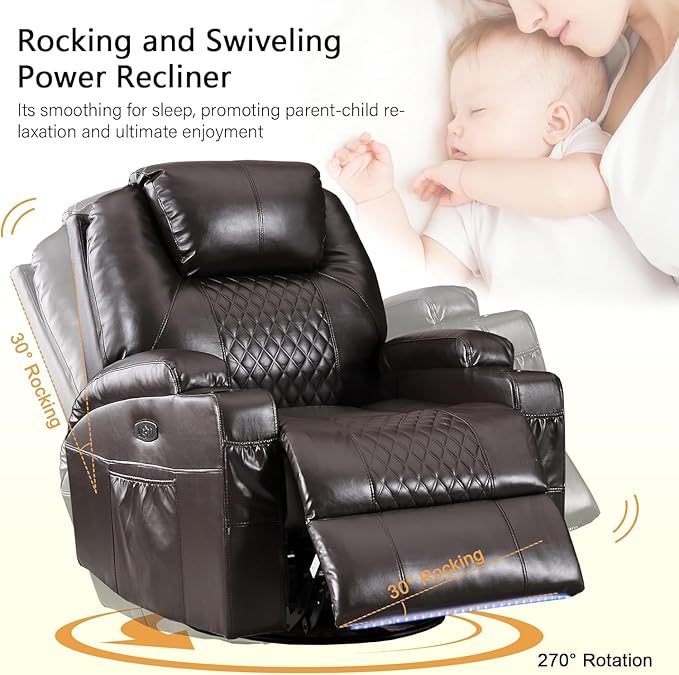 Power Swivel Rocker Recliner Chair with Vibration Massage, 270° Swivel & LED Lights, Electric Glider Reclining Sofa, USB A/C Ports & Storage Pocket for Living Room (1, Brown)
