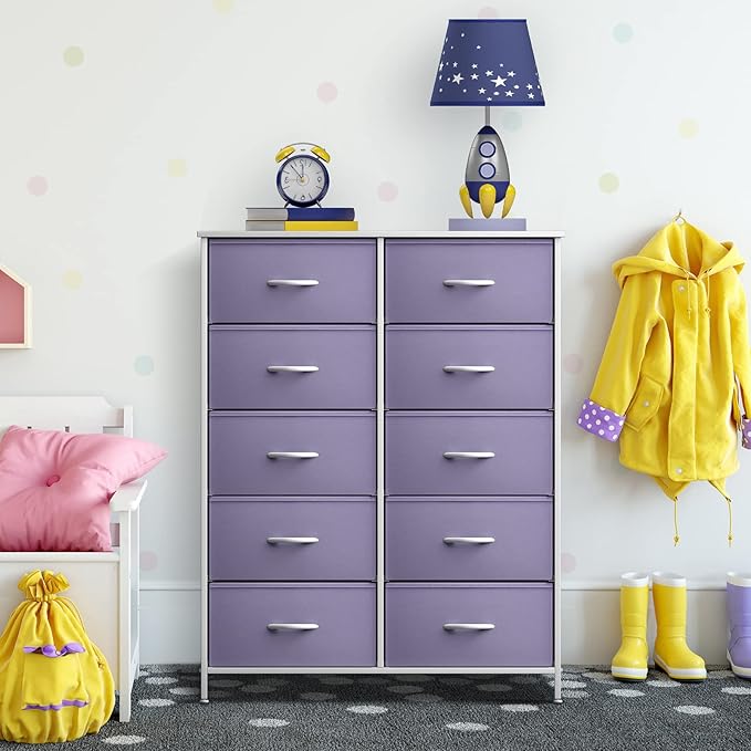 Sorbus Kids Dresser with 10 Drawers - Storage Unit Organizer Chest for Clothes - Bedroom, Kids Room, Nursery, & Closet (Purple, 34 x 12 x 47-10 Drawer)