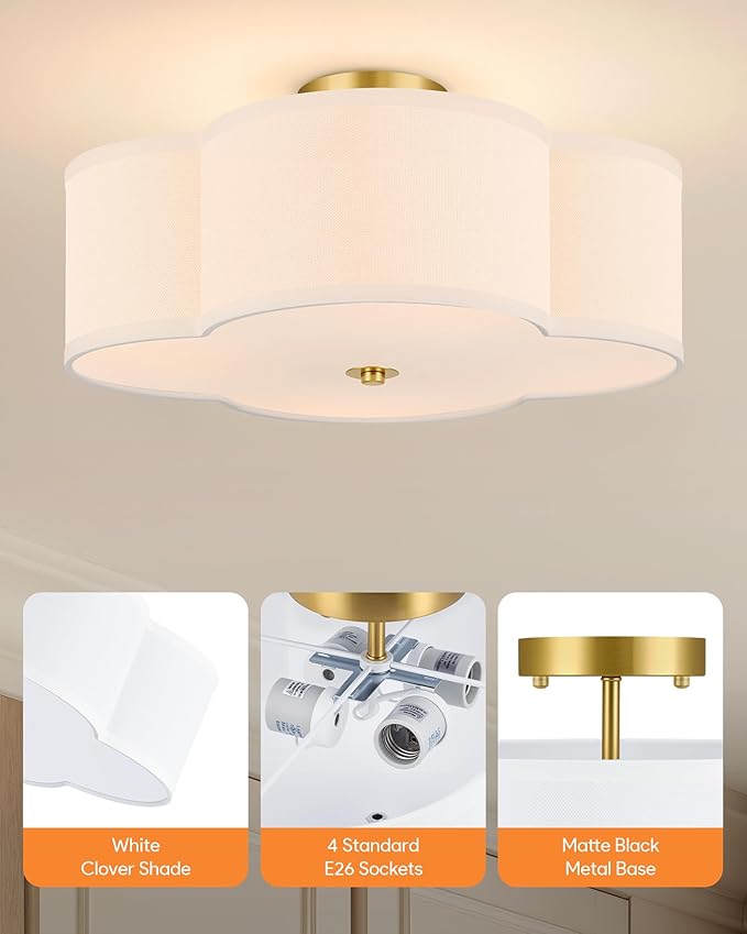 VONLUCE Semi-Flush Mount Ceiling Light, 15.8" Modern 4-Light Ceiling Light Fixture with White Clover-Shaped Shade 4 E26 Sockets for Bedroom Entryway Living Room, Gold Finish, ETL Certificated