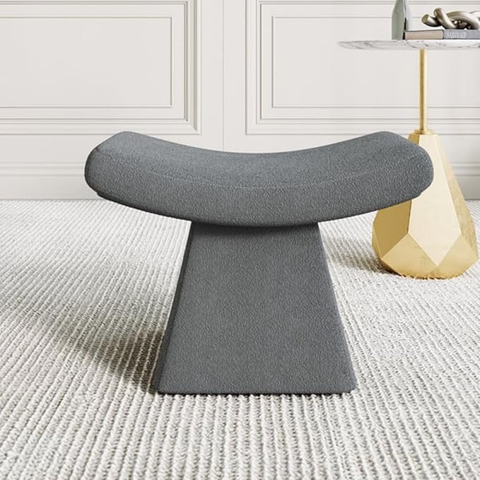 homary Vanity Chair Boucle Curve Ottoman, Plush Upholstered Foot Stool for Lving Room, High-Resilience Foam Chair for Bedroom, Stool Short for Entryways (Gray)