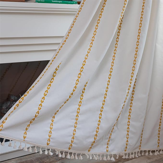 Deeprove Gold Yellow Boho Curtains 84 inches Long for Bedroom, Vintage Bohemian Embroidery Farmhouse Cotton Striped Linen Country Tassel Window Treatments Fall Thanksgiving Decor, W52 x L84, 1 Panel