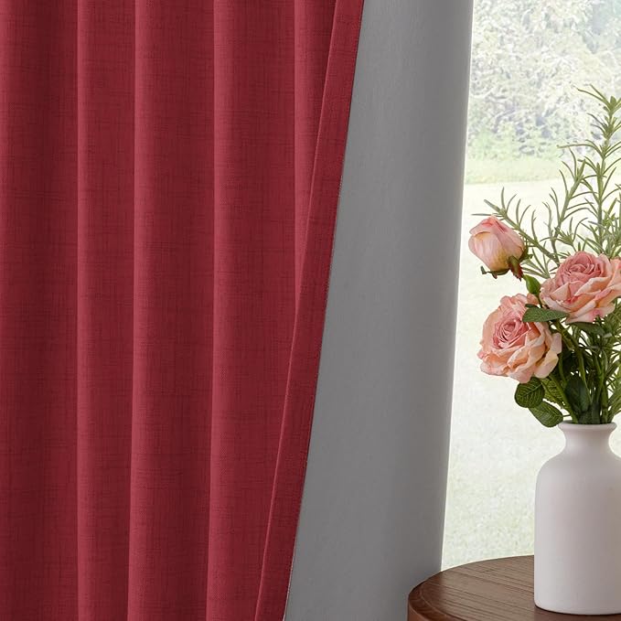 INOVADAY 100% Blackout Curtains for Bedroom, Black Out Curtains 96 Inch Long, Clip Rings Linen Blackout Drapes, Thermal Insulated Room Darkening for Living Room, 2 Panels - Ruby Red,W50xL96