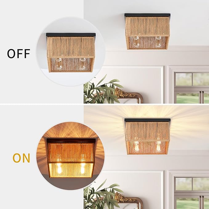 Square 4-Light Rattan Ceiling Light Fixture,12.6"x 12.6" Hand Woven Boho Flush Mount Ceiling Light, Farmhouse Coastal Cage Close to Ceiling Light for Bedroom Nursery Hallway Kitchen Dining Room