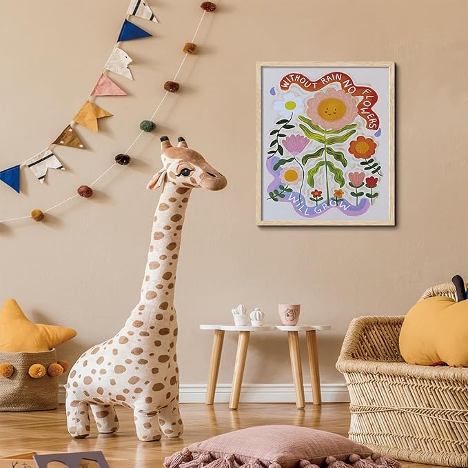 KISSFOX Framed Wall Art Nursery Wall Decor Sunflower Pictures Kids Cute Smiling Floral Canvas Art Whimsical Botanical Paintings Colorful Sweet Artwork For Children Boys Girls Room Playroom