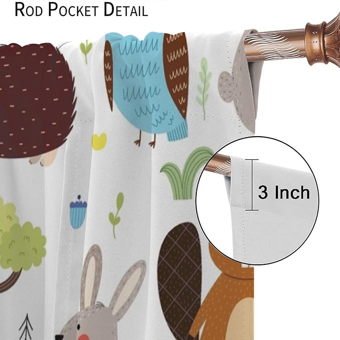 Forest Animals Kids Blackout Curtains Cartoon Cute Bear Deer Squirrel Owl Hedgehog Modern Art Print for Boys Girls Bedroom Living Room Nursery Rod Pocket Decoration Window Drapes 2 Panels W26xL84in