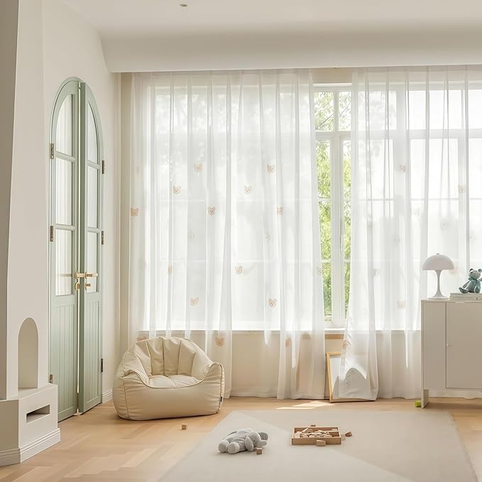 Cartoon Bears Kids Bedroom Sheer Curtains for Babys Room Living Room Grommet Top White Light-Filtering Print Bear Privacy Tulle Curtain for Nursery Baby Play Room 1 Panel (W78 L102 inch,White)