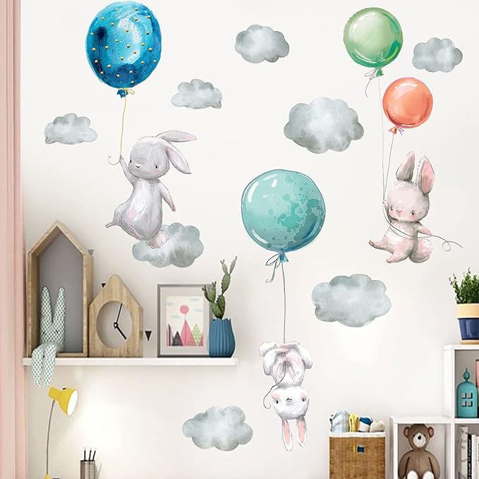 Maydahui Flying Bunny Wall Stickers Removable Peel and Stick Watercolor Cartoon Animal Wall Decal (36 x 28 Inch) Balloon Cloud Cute Rabbit Sticker Decor for Kids Bedroom Nursery Living Room Birthday