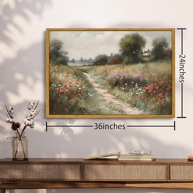 OIQArtOIQ Vintage Landscape Canvas Wall Art Framed Natural Scenery Painting Artwork Prints France Country Wilderness Farmhouse Decor Pictures Kitchen Bedroom Living Room Bathroom