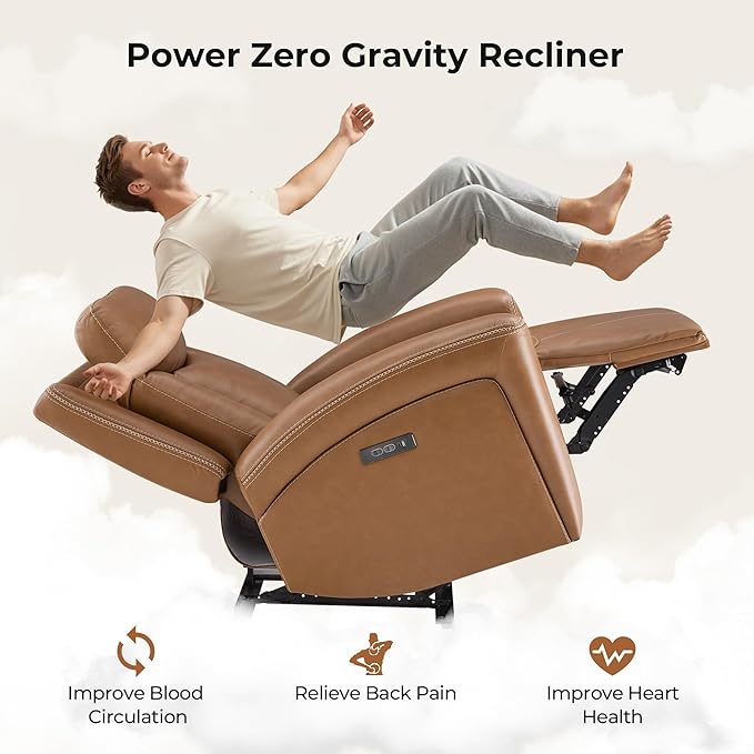 CHITA Genuine Leather Power Recliner Chair for Adults, Super Zero Gravity Recliner with Adjustable Power Headrest & USB/Type-C Ports, for Living Room, Bedroom & Home Theater, Saddle