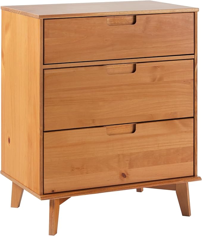 Walker Edison Sloane 3-Drawer Groove Handle Solid Pine Wood Dresser, 36 Inch, Caramel