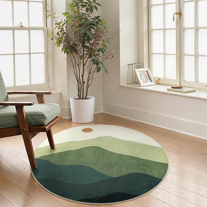 Circle Rug 3ft, Small Round Rugs Non Slip Washable, Abstract Mountain Round Carpet for Bedroom, Low-Pile Throw Mat for Kitchen Entryway Bathroom Home Decor(Green)