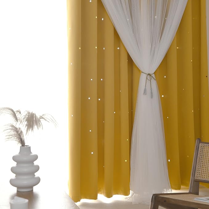 Kinryb Kids Blackout Curtains for Bedroom/Living Room/Classroom, Sheer Overlay 2 Panel Set, Double Layer Curtains with Star Cutout for Kids Room(Each Piece W 70 x L 95 Inches 2 Pcs Yellow)