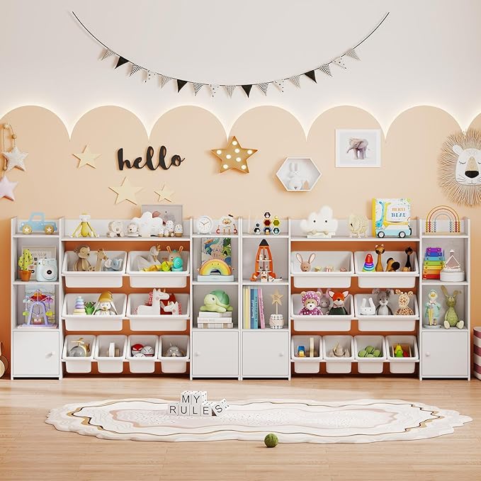 Costzon 56'' Kids Toy Storage Organizer with 8 Removable Bins, 4-Tier Toddler Bookshelf Cubbies, Preschool Children's Montessori Bookshelf w/6 Large Cabinet for Playroom, Daycare, Kids Room, Classroom