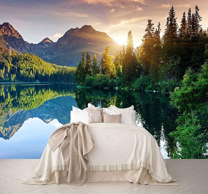 Mountain with Lake Photo Wallpaper Landscape Wall Mural for Bedroom Living Room TV Background Sofa Wall (not self-Adhesive)
