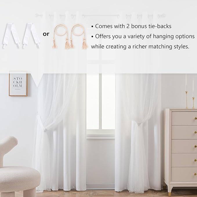 MYSKY HOME White Curtains for Girls Bedroom & Nursery Kids Cute Curtains Double Layer with Polka Dots Sheer, Grommet Tops, 52x84 Inch Each Panel, 2 Panels